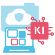 Piktogramm: M365 Copilot Workshop, Ordner abgesichert in Cloud, KI-Symbol, Laptop mit Apps