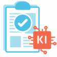 Pictogramm zum Workshop KI Most Viable Tranformation: Klemmbrett mit Check als Icon für den Poc in Kombination mit dem KI-Icon (Computerchip)