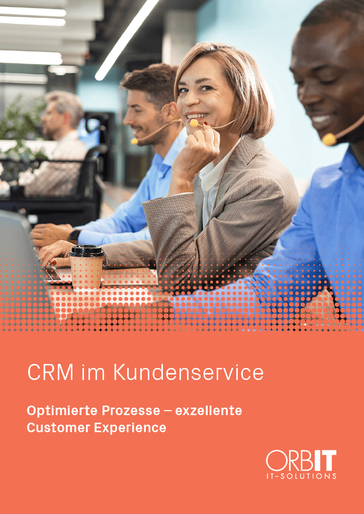Titelblatt des E-Books CRM im Kundenservice: 2 Mitarbeiter und eine Mitarbeiterin mit Headset im Service