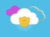 Grafische Darstellung einer Cloud, davor ein Wappen mit einem Haken als Sicherheitssymbol; Cloud Lösungen für Unternehmen