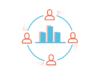 Illustration: Collaborative BI | Integrierte Kommunikation: Säulendiagramm im Kreis von Personen