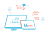 Illustration: Collaborative BI: Endgeräte mir Charts und Graphen umgeben von Sprechblasen