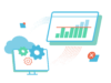 Illustration ERP-Lösung, ERP Software System auf Monitor dargestellt, dahinter eine Cloud, Unternehmenszahlen in Balken auf Monitor dargestellt – ERP-Lösung für den Mittelstand