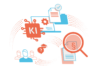Illustration: KI-Readiness-Check | KI-Symbol im Kreislauf verbunden mit Prozesse, Daten und Dokumenten, Teamschulungen, Lupe über Compliance und Governance