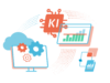 Illustration: KI-Werkstatt ERP | Computerchip im Kreislauf verbunden mit Prozessen, Reports, Daten, mobilen Endgeräten