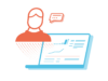 Illustration: CRM-Beratung und-Lösungen | Monitor mit Graphen und Infographiken plus Person mit Sprechblase