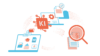 Illustration zur KI-Beratung: Laptops mit Icons auf dem Monitor, Lupe über einem Gesetzestext, Computerchip mit der Bezeichnung KI, generative KI