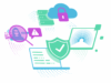 Illustration zum Thema IT-Security Beratung mit verschiedenen Piktogrammen wie Cybercrime, IT-Security-Radar, Cloud und Storage