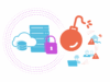Illustration mit Storage- und Cloud-Abbildungen und symbolisch dargestellten Cyber-Attacken zum Thema IT-Security Beratung; lila