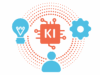 Illustration zum KI-Quick-Check: Icons für Mitarbeiter*in, Erkenntnis (Glühlampe) und Prozess (Zahnrad) rings gruppiert umd das KI-Icon (Computerchip)