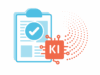 Illustration zum KI-MVT-Workshop (KI Most Viable Tranformation): Klemmbrett mit Check als Icon für den Poc in Kombination mit der KI-Icon (Computerchip)